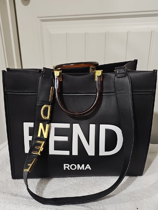Fendi Handbags - Fendi Black Leather Roma Logo Tote with Gold Accents
